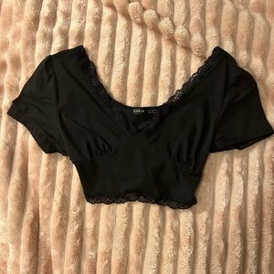 cropped black lace tee, half open back